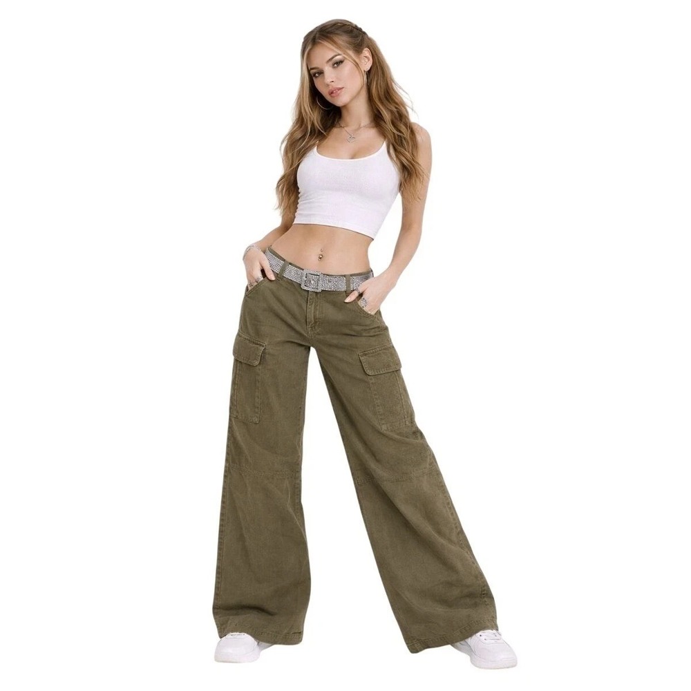 American Eagle High Rise Baggy Wide Leg Cargo Pants Olive Green Size 0 Short
